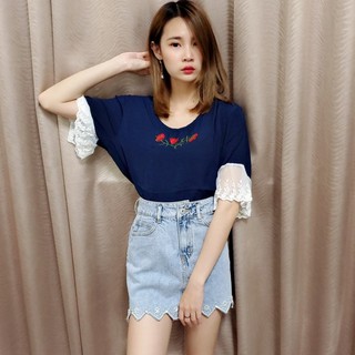 甜美蕾絲拼接花朵刺繡上衣VINASHOP