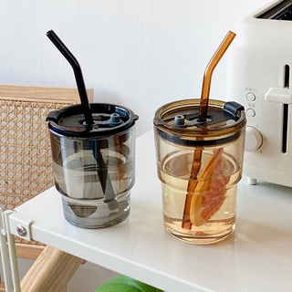 冷萃咖啡杯ins風茶色吸管杯帶蓋玻璃水杯隨行吸管杯網紅奶茶杯子塑膠吸管杯耐熱玻璃杯