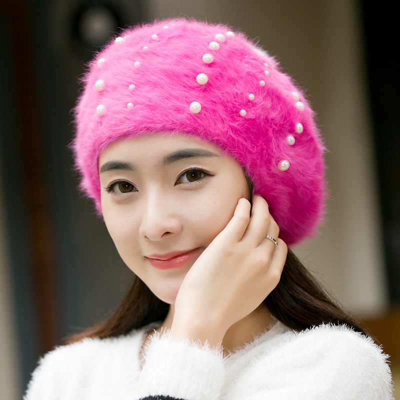 韓版潮時尚保暖畫家帽女生兔毛球釘珍珠安哥拉兔毛貂絨混紡貝雷帽