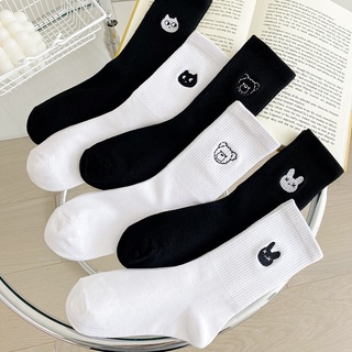卡通黑白中筒襪 女士可愛小兔子白色襪子 百搭舒適棉襪