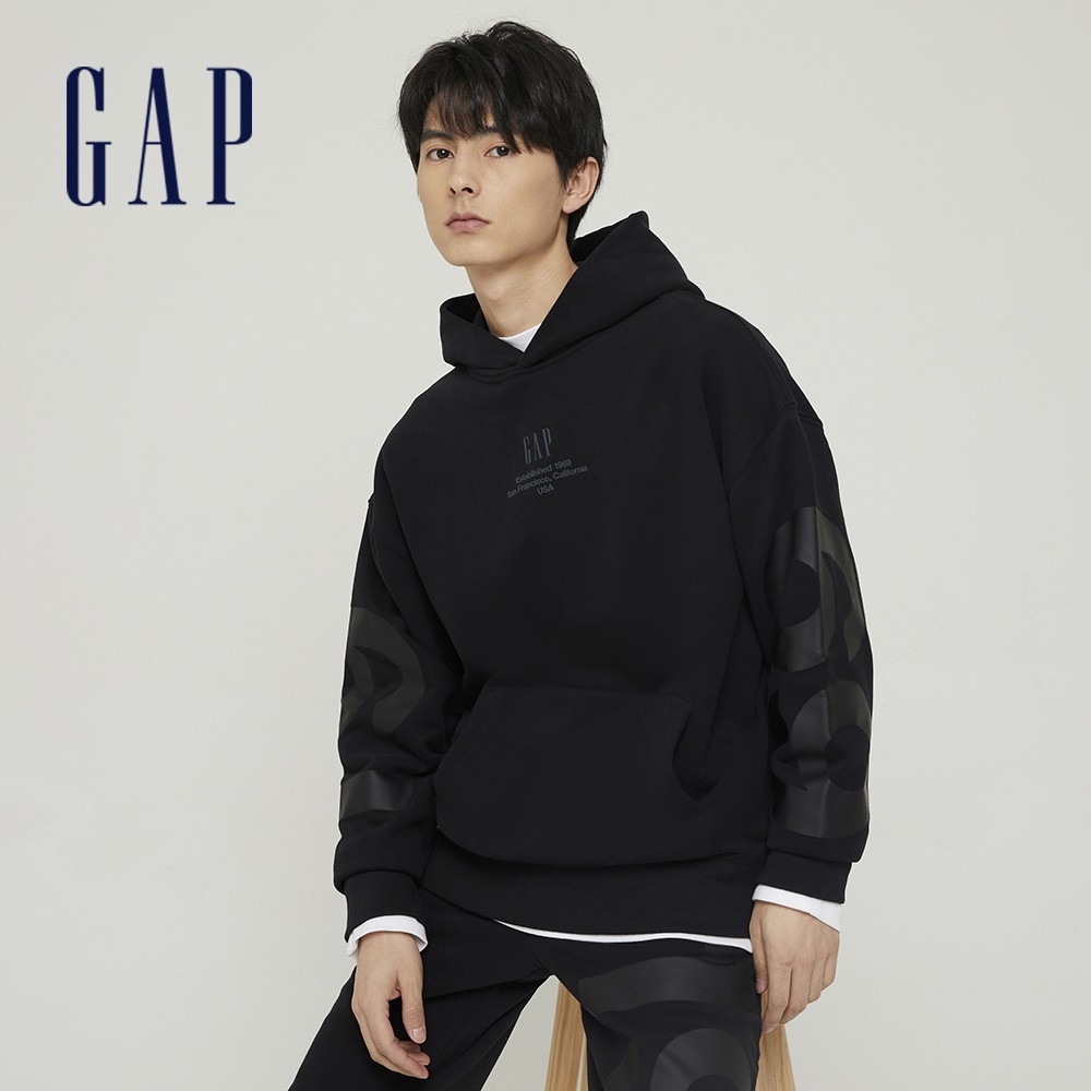Gap 男裝 Logo寬鬆帽T 碳素軟磨法式圈織系列-黑色(876092)