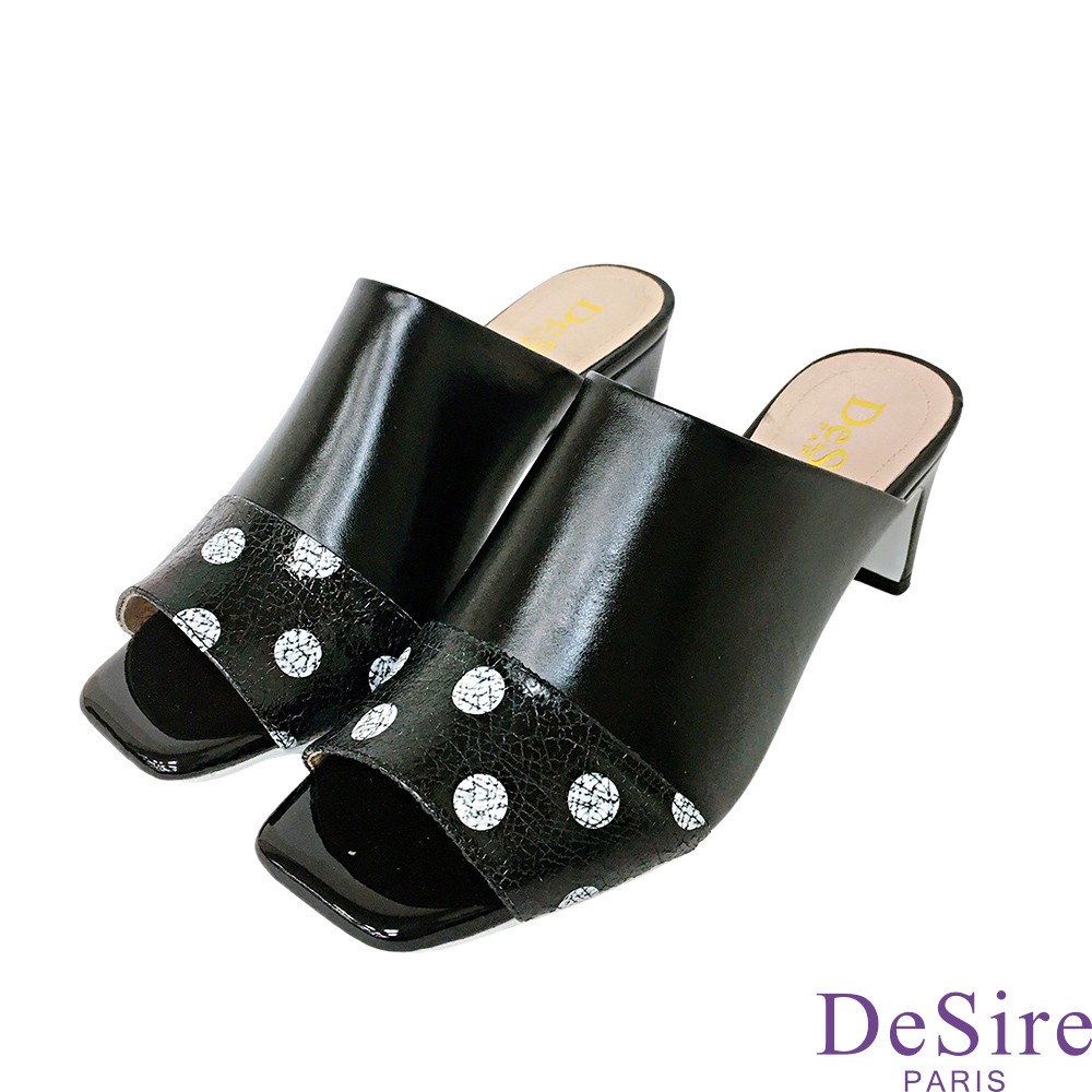 【DeSire】圓點拼接羊皮穆勒方頭中跟涼鞋-黑(0137120-99)