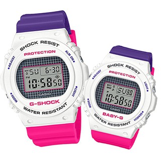 【CASIO】G-SHOCK+BABY-G 復古格紋圓框撞色電子錶-白X桃紅X亮紫