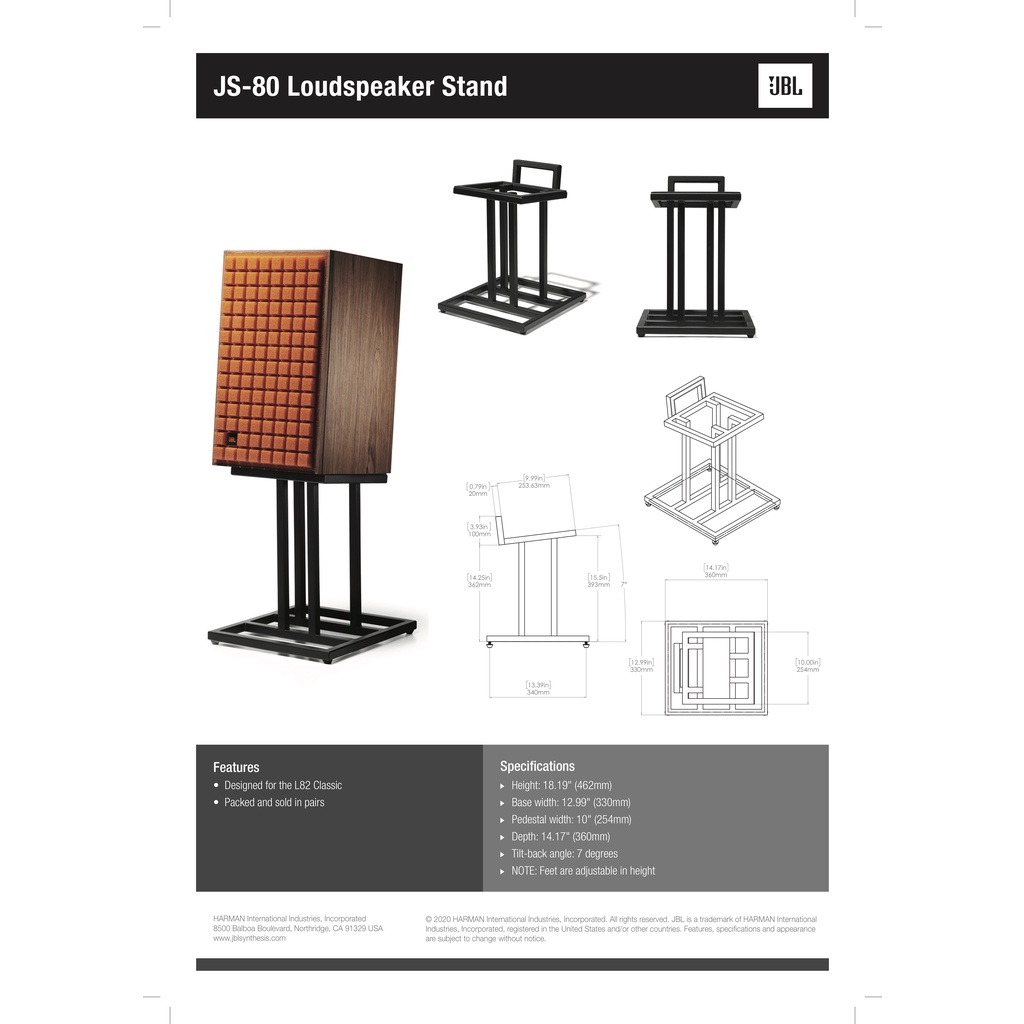 [ 沐耳 ] 美國經典老牌 JBL 傳奇兩音路 8 吋低音，書架式喇叭 L 82 Classic 之專用腳架 JS-80