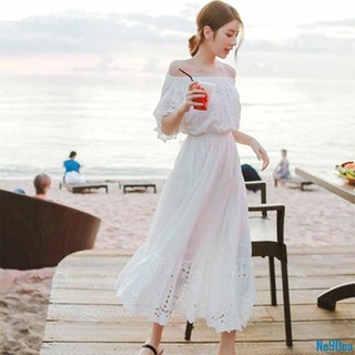 一字領洋裝 白色 長裙 海邊度假裙 沙灘裙 仙女裙 平口洋裝 收腰顯瘦 鏤空 帶內襯 短袖洋裝  正#Ne90ea
