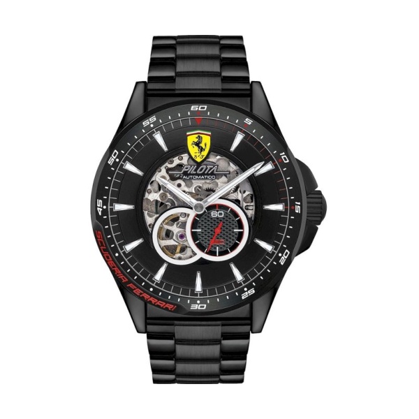 【Ferrari 法拉利】PILOTA潮流鏤空機械競速鋼帶腕錶-時尚黑/FA0830602/台灣總代理公司貨享兩年保固