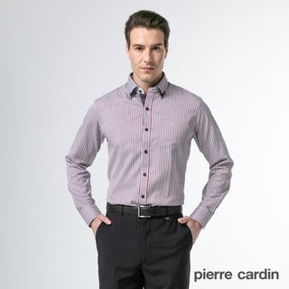 【pierre cardin 皮爾卡登】男襯衫 合身版陽光型男條紋長袖襯衫 橘線條(52864-65)