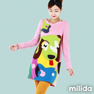 milida 狗狗插畫花苞版型長袖洋裝 MMRYDA023