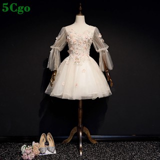 5Cgo【鴿樓】蓬蓬裙彩紗新款小V領彩紗宴會晚禮服短款 伴娘服蓬蓬裙舞臺主持人演出服顯瘦592741296342