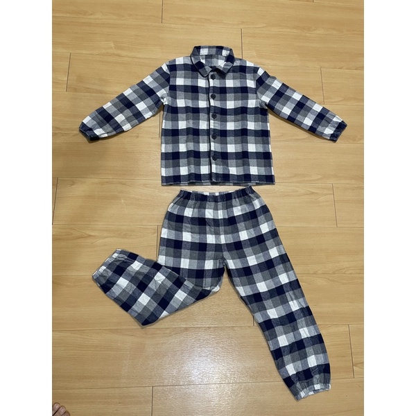 MUJI無印良品兒童棉質格紋睡衣組 #110-125藍/白色格紋 - 二手