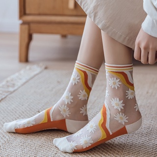夏季女襪 甜美薄款水晶玻璃絲襪子 透明拼接棉襪 日系學院風透氣卡絲襪