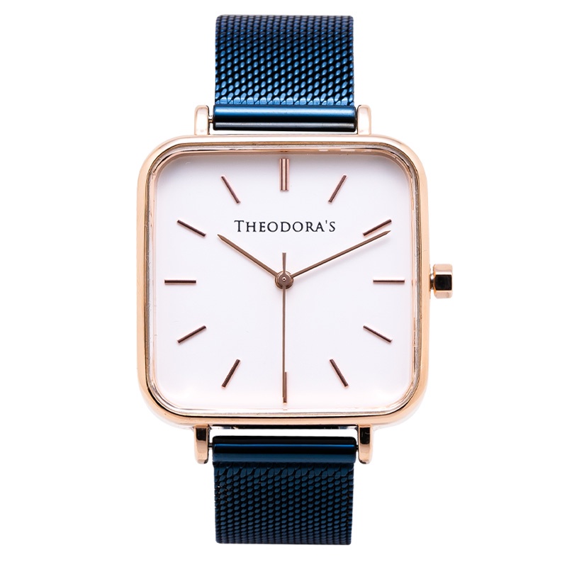 【THEODORA'S】Hebe 簡約方形金屬手錶 方形白-米蘭深藍【希奧朵拉】