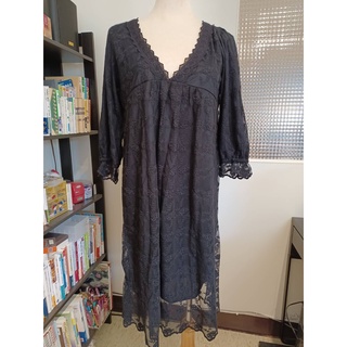 earth music & ecology ♥日本品牌♥ 華麗黑色 拼接刺繡蕾絲 糖果袖 紗質洋裝