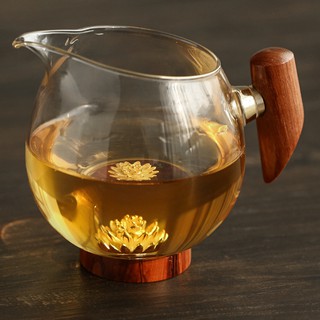 5Cgo 耐熱玻璃公道杯家用手工帶銀玩木把勻杯日式功夫茶具茶海茶桌必備木雀公杯大度蓮花 福猴 586523313236