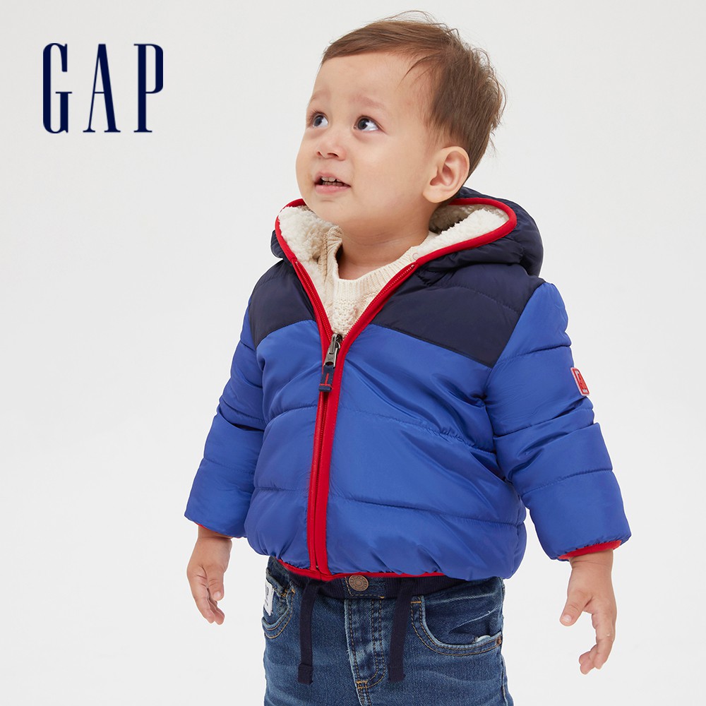 Gap 嬰兒裝 兩面式仿羊羔絨連帽外套-藍色拼接(592823)