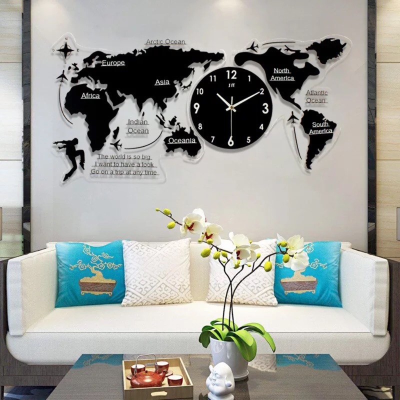 北歐簡約掛鐘亞克力創意世界地圖時鐘歐式客廳靜音鐘錶