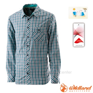【荒野 WildLand】男款 彈性格子布長袖休閒襯衫 排汗衣 休閒衫 長袖上衣 舒適柔軟 涼爽 0A21208 藍綠