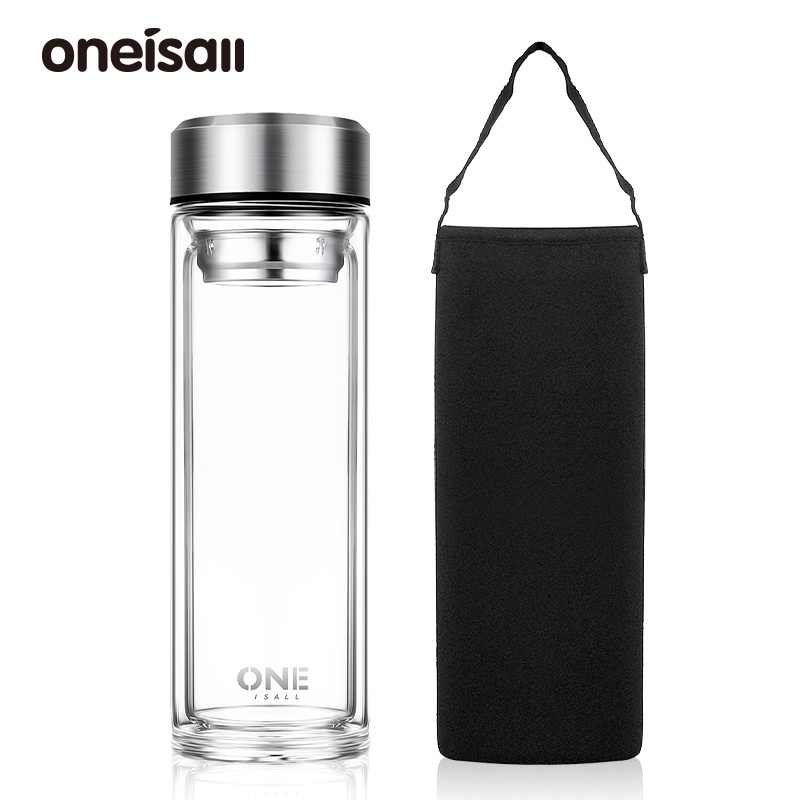 ONEISALL 雙層玻璃杯 大容量 加厚 耐熱 帶布套茶隔  600-1000ML 車載 便攜防 泡茶 茶杯