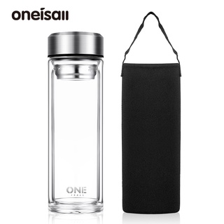 ONEISALL 雙層玻璃杯 大容量 加厚 耐熱 帶布套茶隔 600-1000ML 車載 便攜防 泡茶 茶杯