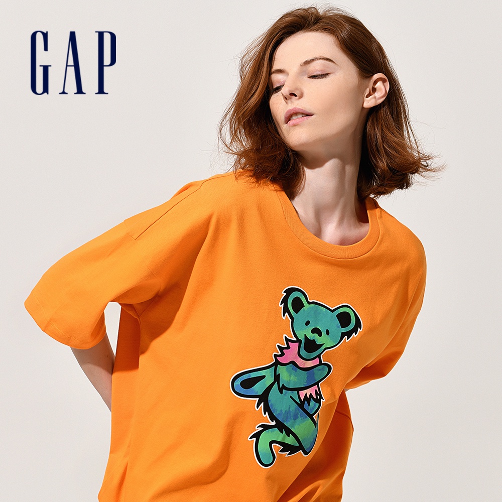 Gap 男女同款 Gap x Grateful Dead聯名 寬鬆短袖T恤 厚磅密織親膚系列-橙色(701567)