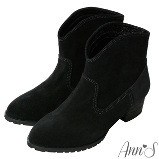 Ann’S美式風格-3M防水牛皮麂皮V口顯瘦粗跟西部短靴4cm-黑(版型偏小)