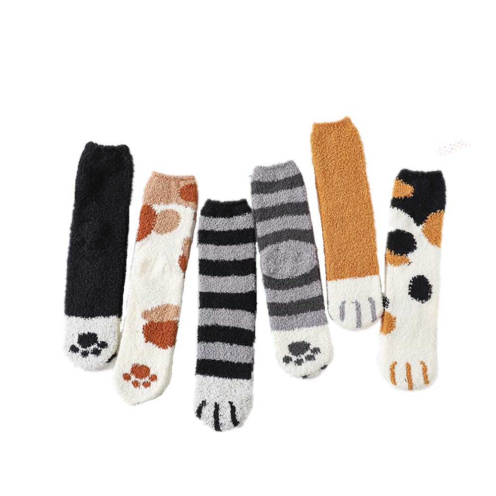 毛毛絨珊瑚絨襪子女中筒襪秋冬季貓爪可愛加厚保暖睡覺地板睡眠襪