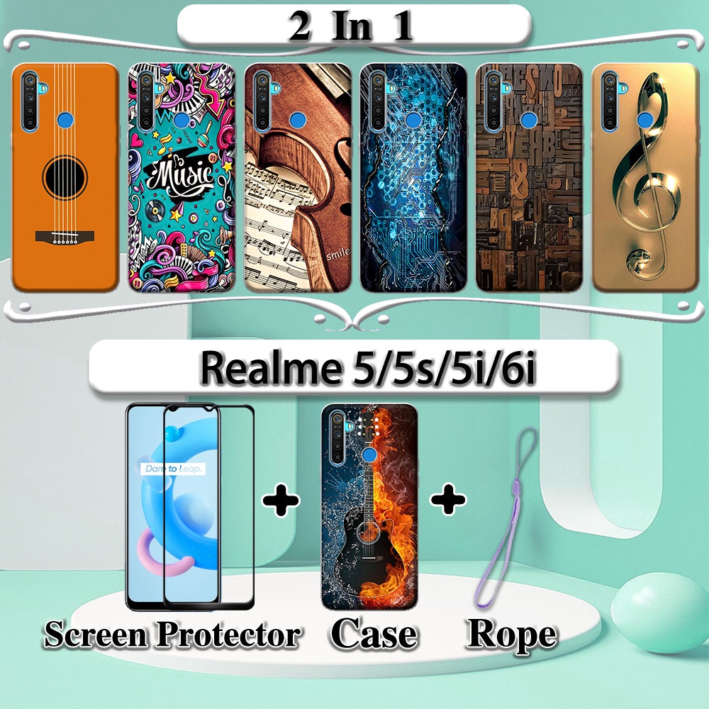 2 合 1 Realme 5/5s/5i/6i 手機殼帶鋼化玻璃曲面陶瓷屏幕保護膜音樂