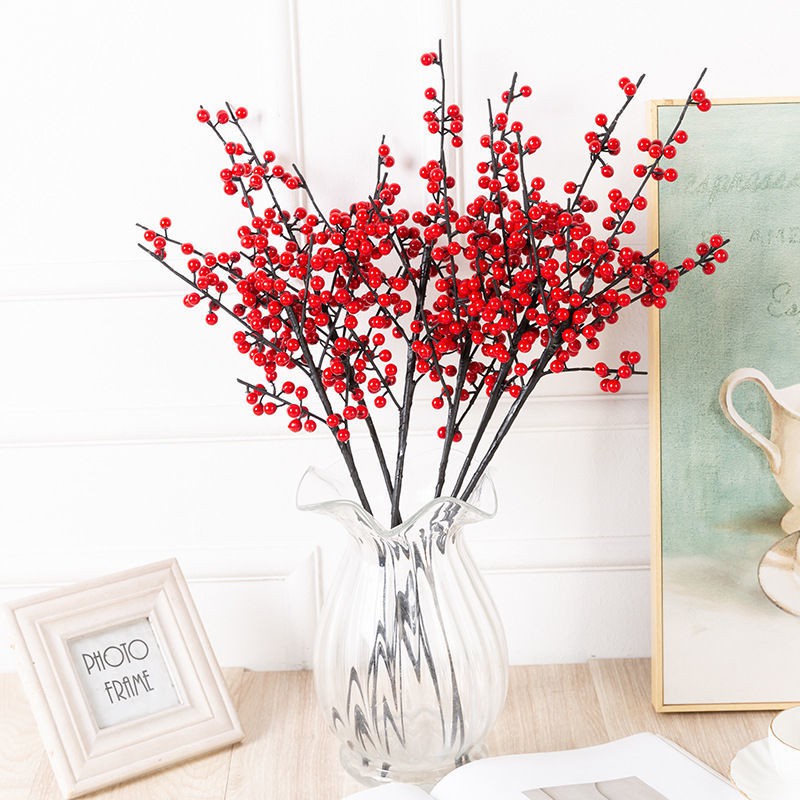 乾燥花 圣誕紅漿果裝飾仿真秋實果發財果紅果子樹枝中式客廳落地裝飾擺件 蝦皮購物