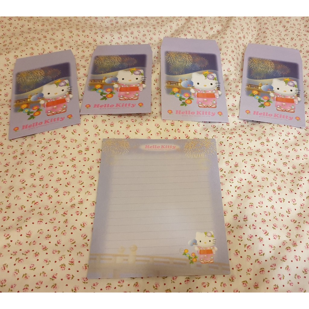 日本 Sanrio 三麗鷗 正版 HELLO KITTY 凱蒂貓, 紫色, 日本和服 煙火 花火節 扇子 牽牛花 信紙