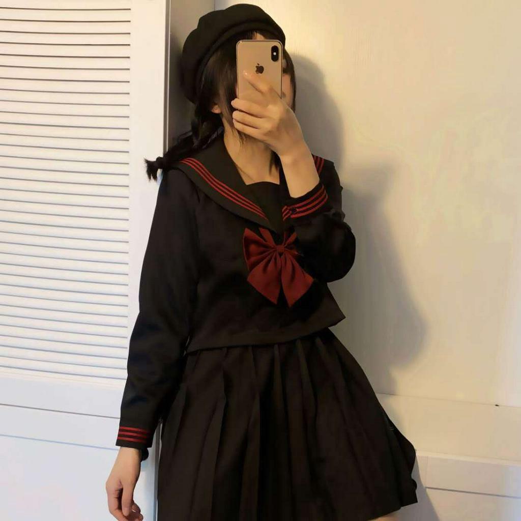 Jk制服正統基礎款赤三本中間服黑色不良少女水手服日系學生長短袖 蝦皮購物