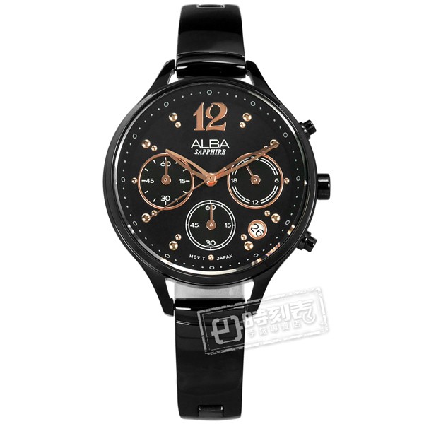 ALBA / VD53-X335SD.AT3F19X1 / 甜美 藍寶石水晶玻璃 計時日期 不鏽鋼手錶 鍍黑 36mm