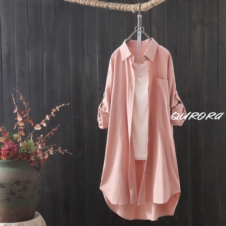 Qurora S-3XL 大尺碼外套 減齡薄外套女 大尺碼襯衫 夏季襯衫外套 polo領 棉麻襯衫 長版外套 中長款襯衫