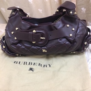 Burberry九成新酒紅全真皮菱格紋戰馬包(正品）