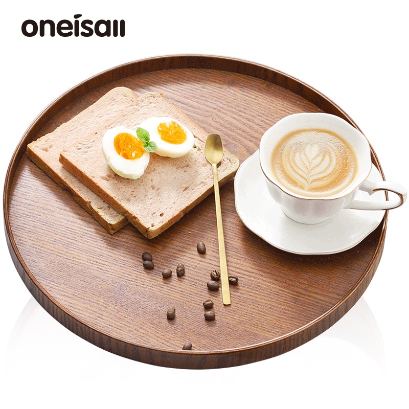 Oneisall 木製托盤圓形茶盤早餐家用餐具簡單創意