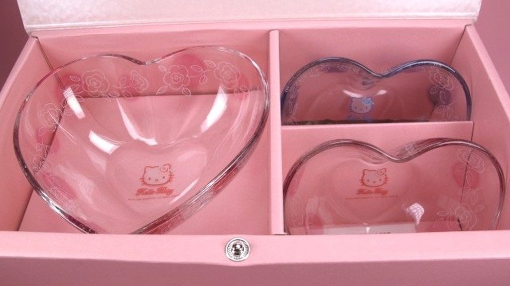 ㊣五號倉庫㊣ sanrio kitty 2008年出品 玫瑰花系列 心型玻璃碗組