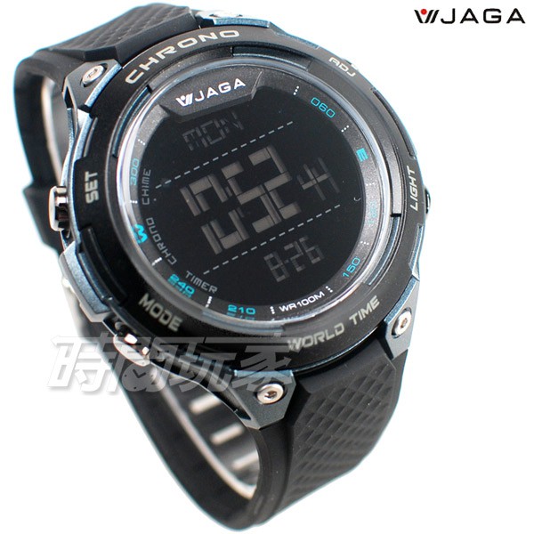 JAGA捷卡 M1193-AA(黑黑) 超大液晶顯示 多功能電子錶 夜間冷光 可游泳 保證防水 運動錶 學生錶 時間玩家