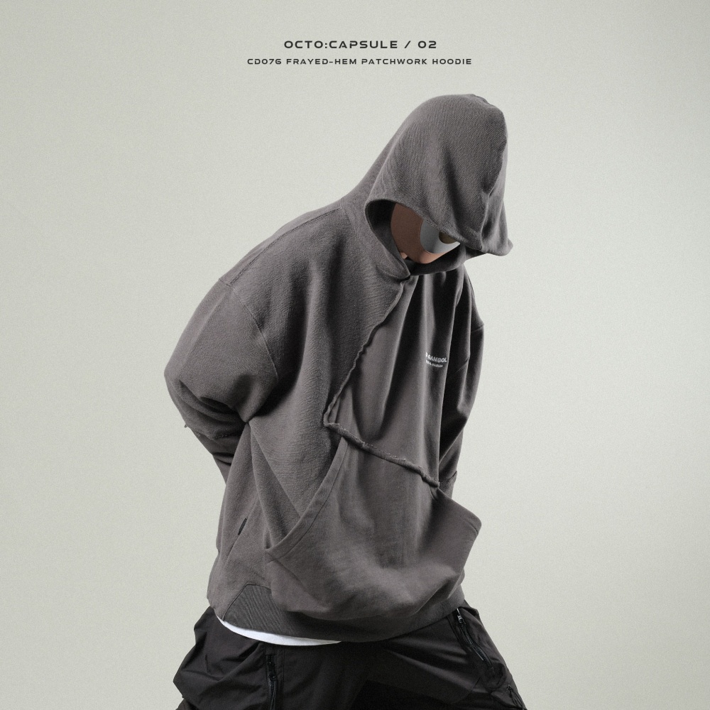 【GSELECT】OCTO GAMBOL®-Frayed-hem Patchwork Hoodie