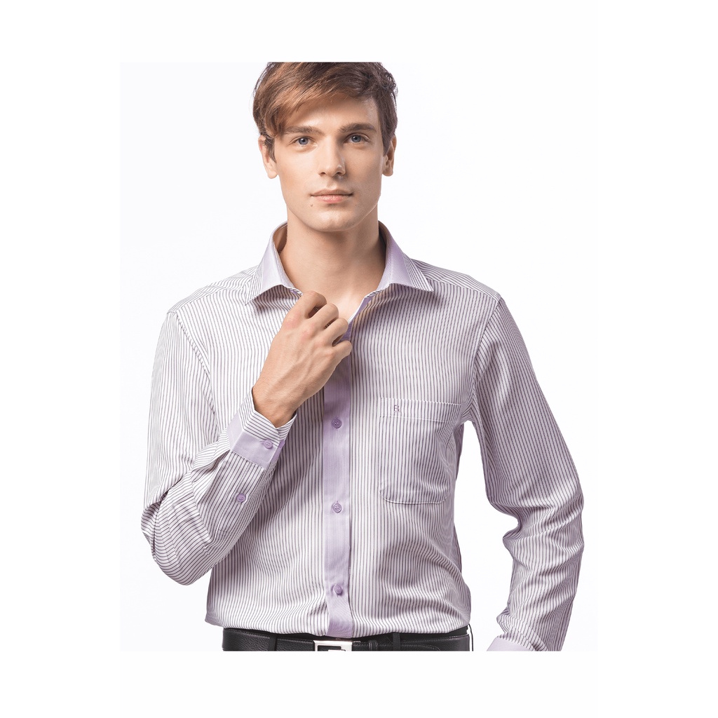 【羅德貝爾】灰紫條紋定位長袖修身襯衫 / 抗皺 吸濕排汗