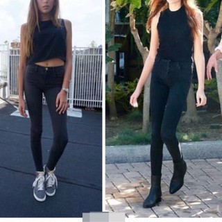 （現貨）歐美經典復古高腰彈力黑色牛仔褲/合身顯瘦黑色窄管鉛筆褲/