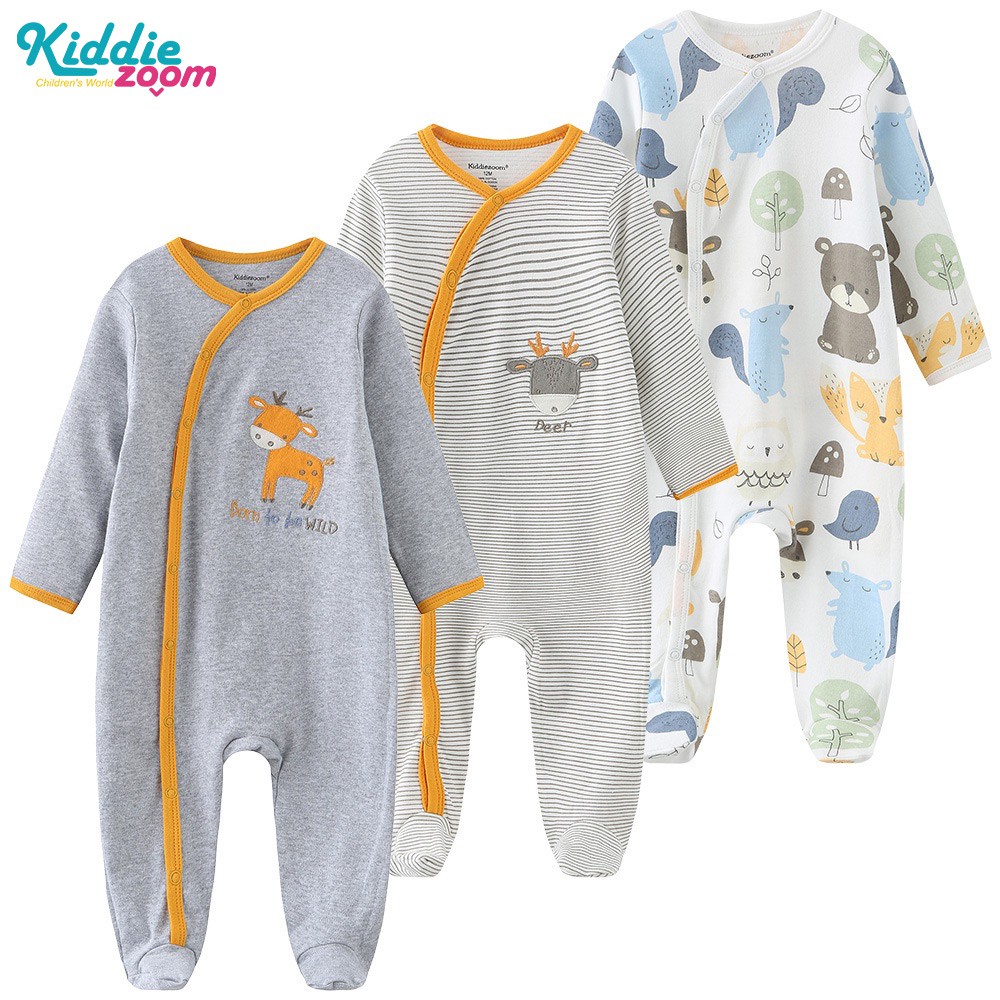 Kiddiezoom 3件套裝 新生嬰兒連身衣 時尚連體衣 男童女童長袖 純棉 新嬰兒睡衣衣服 0-12M 嬰兒服裝