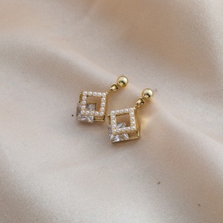 耳環 飾品 耳飾 82063 925銀針菱形鋯石珍珠耳釘韓國潮流百搭耳墜網紅GB507 衣時尚
