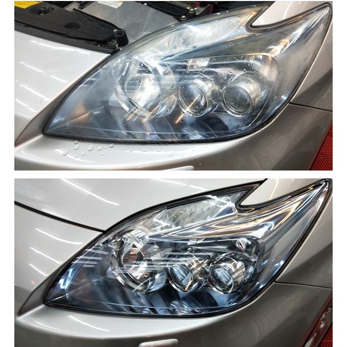 大燈快潔現場施工 toyota 豐田 Prius Prius C 原廠車大燈泛黃霧化拋光修復翻新