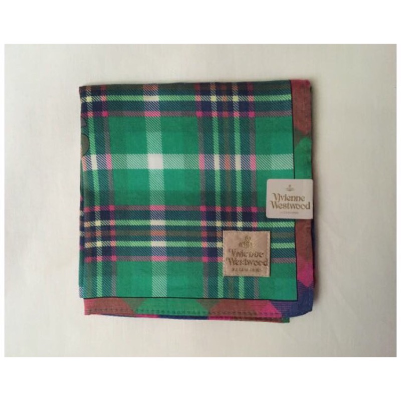 日本帶回～全新正品Vivienne Westwood英文字+地球LOGO綠色格子款麻紗紗布感手帕/絲巾/領巾