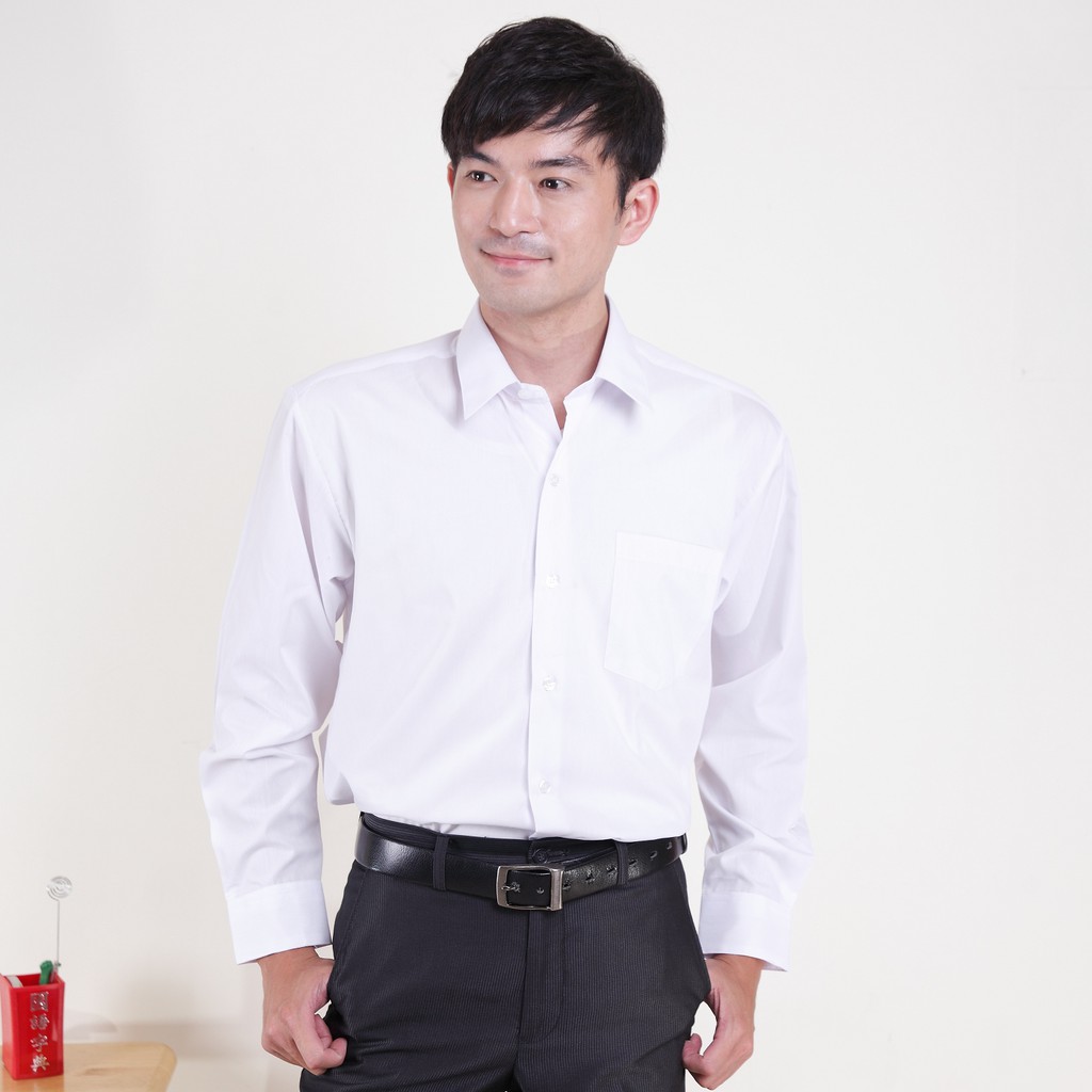 JIA HUEI 長袖男士機能防皺襯衫 海島棉 (純白色)(台灣製造)