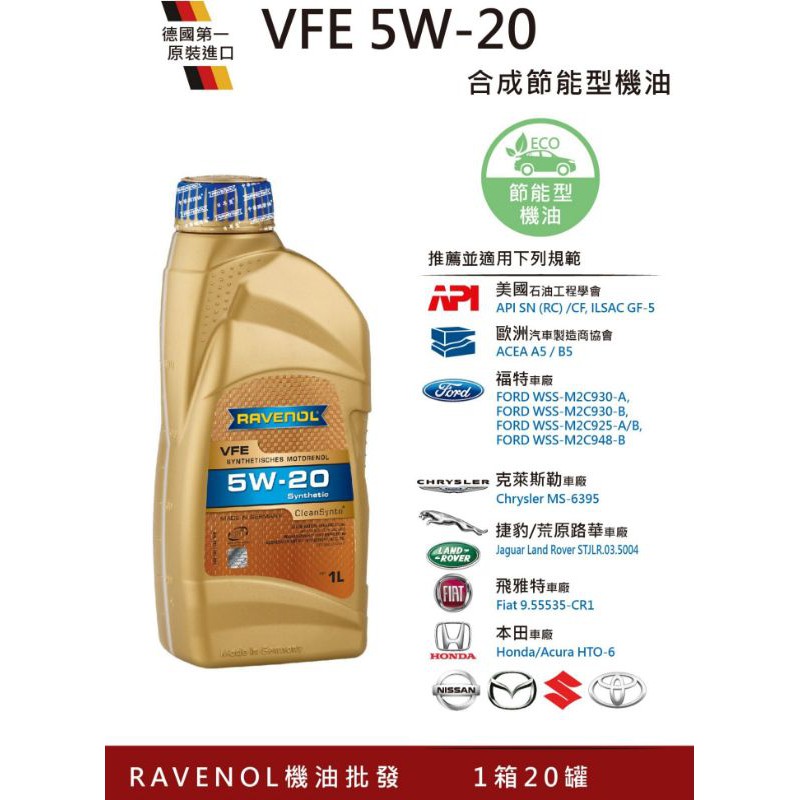 RAVENOL VFE 5W20 漢諾威日耳曼機油批發 1公升裝一箱20瓶 最少1箱才出貨免運 保證公司貨