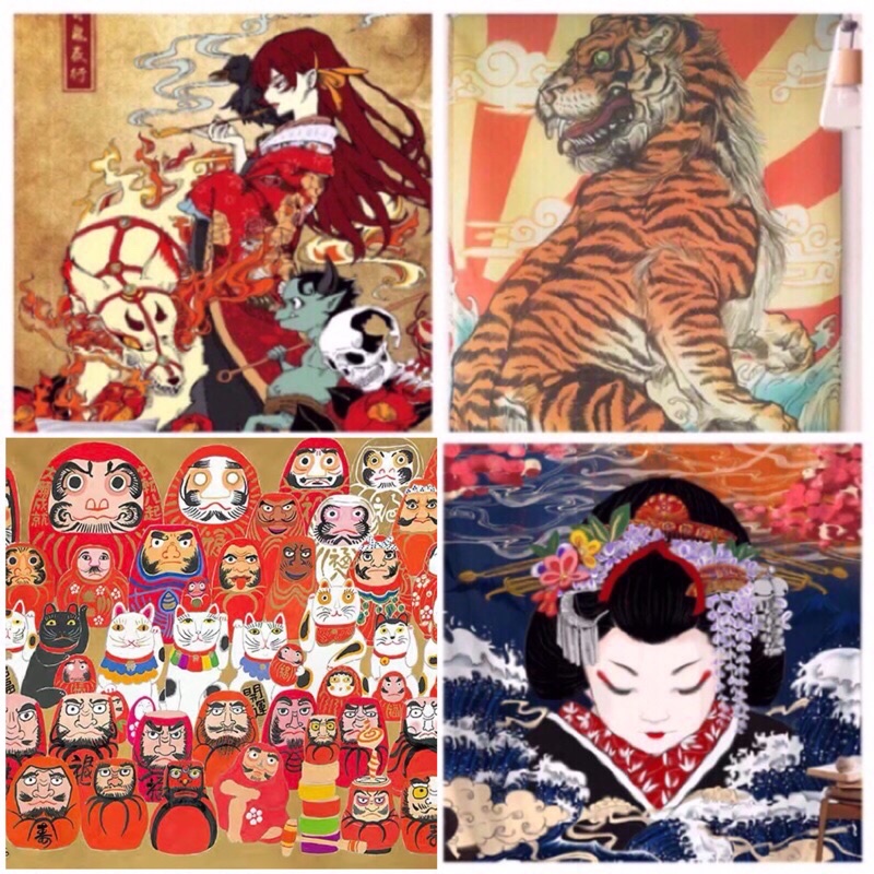 日本浮世繪風格百鬼夜行掛布背景布掛毯家居不倒翁日本虎藝伎 蝦皮購物