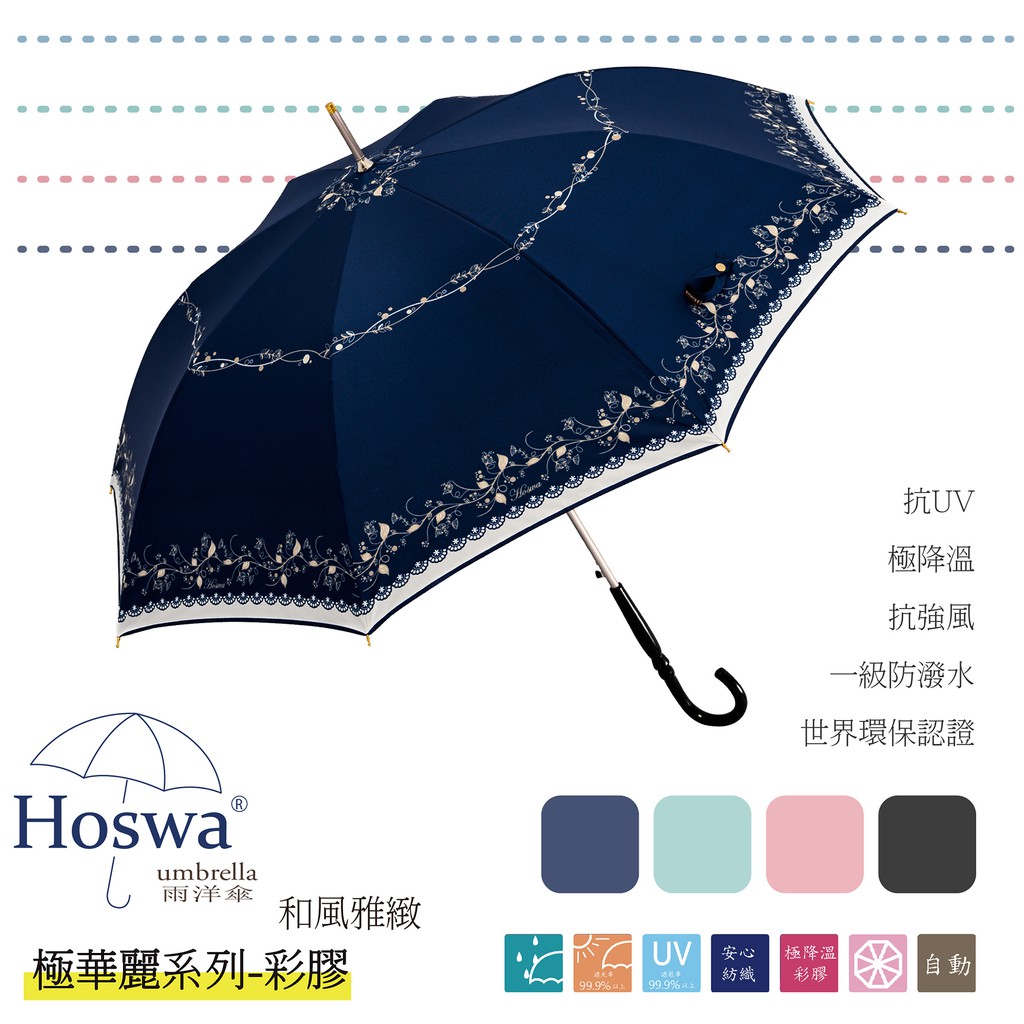 【Hoswa雨洋傘】和風雅緻自動直傘 台灣MIT福懋彩膠降溫傘布 全遮光抗UV 台灣品牌文創設計款&lt;日本風現貨藍色&gt;