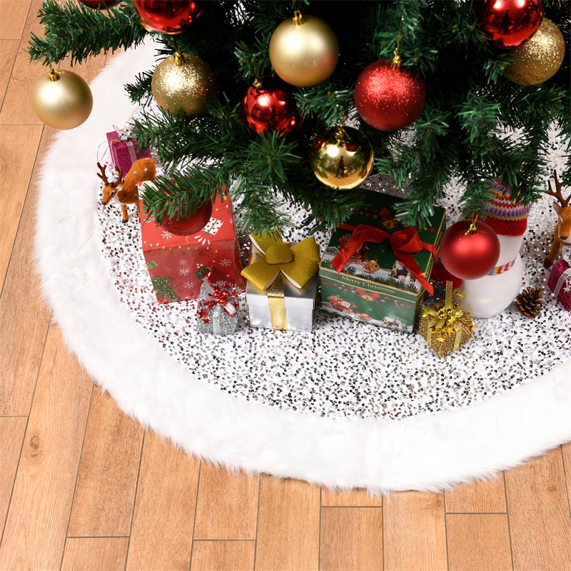 新品白色長毛絨亮片多色聖誕樹裙 聖誕節裝飾用品 聖誕樹圍裙節日氣氛裝飾品