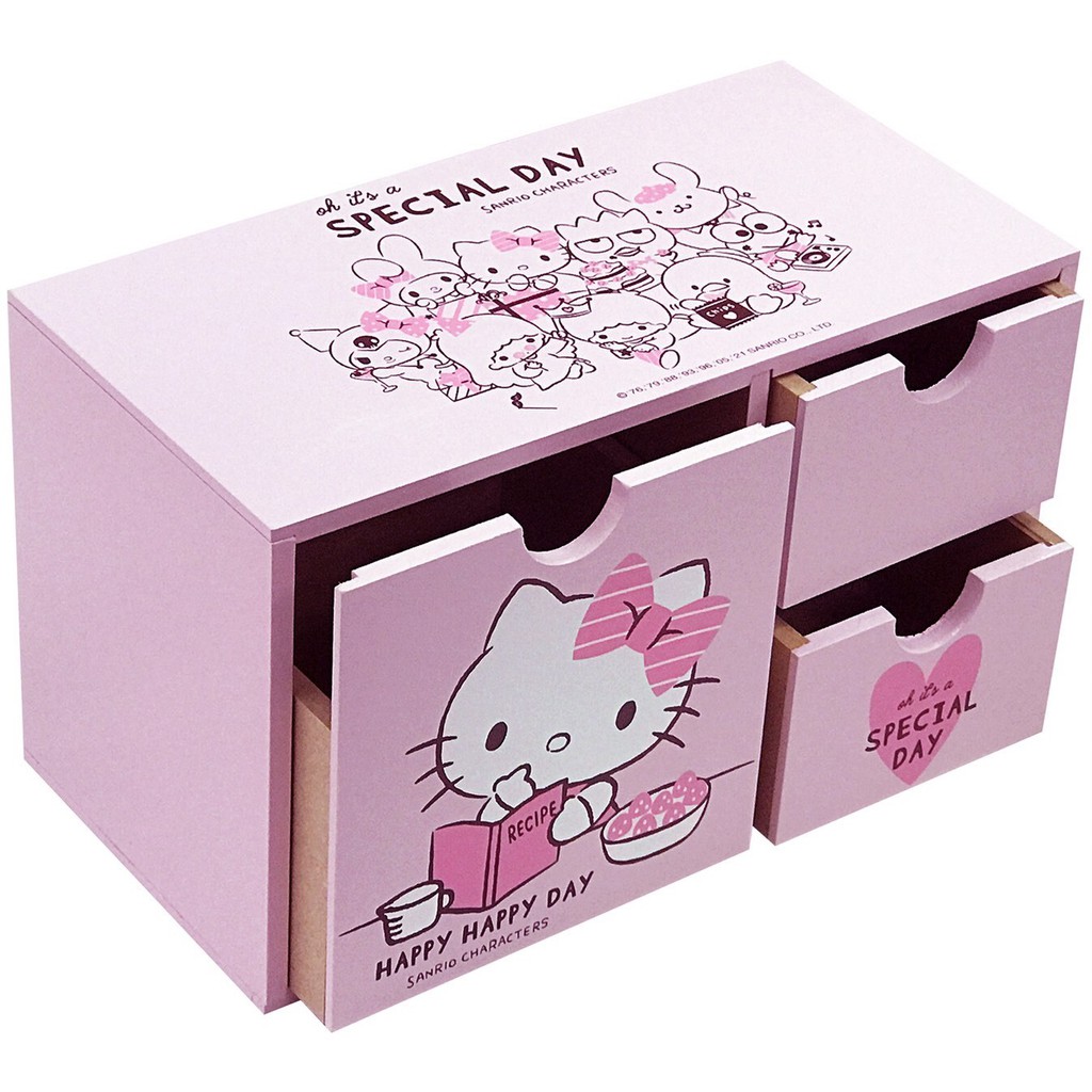 Hello Kitty 橫式木質三抽收納盒 抽屜盒 文具盒 桌上型收納盒