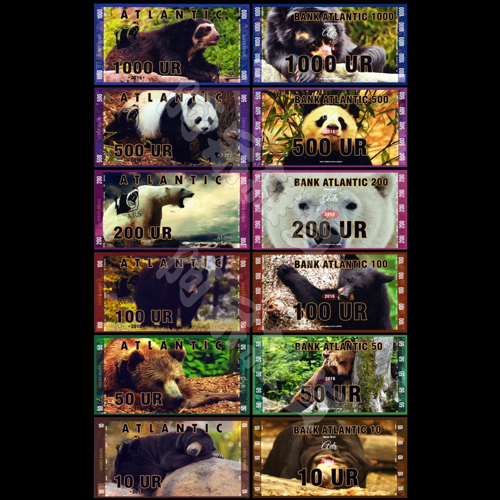 阿呆雜貨 現貨實拍 全新 大西洋 六張一套 熊系列 熊貓 北極熊 半塑料鈔 非現行貨幣 錢幣 鈔票 棕熊 黑熊 熊